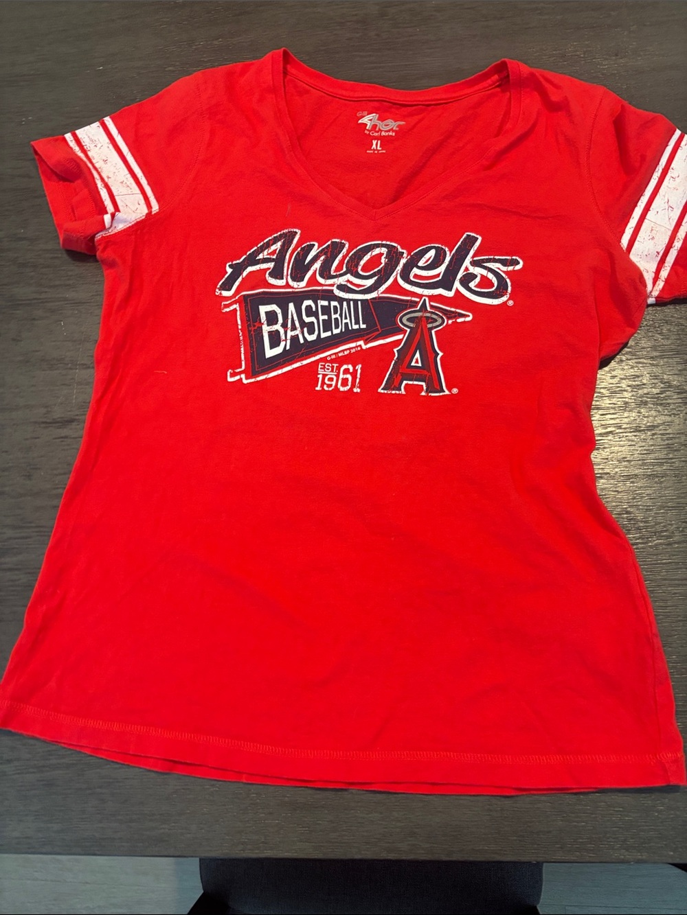 Angels Red V-Neck Baseball Tee - Women's Short Sleeve